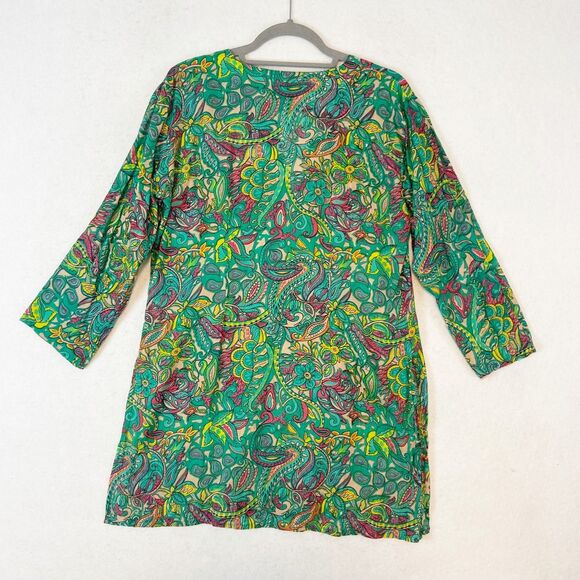 Kikisol Tunic Womens Small Green Tropical 100% Cotton Beachy Boho Vacation - Picture 2 of 6